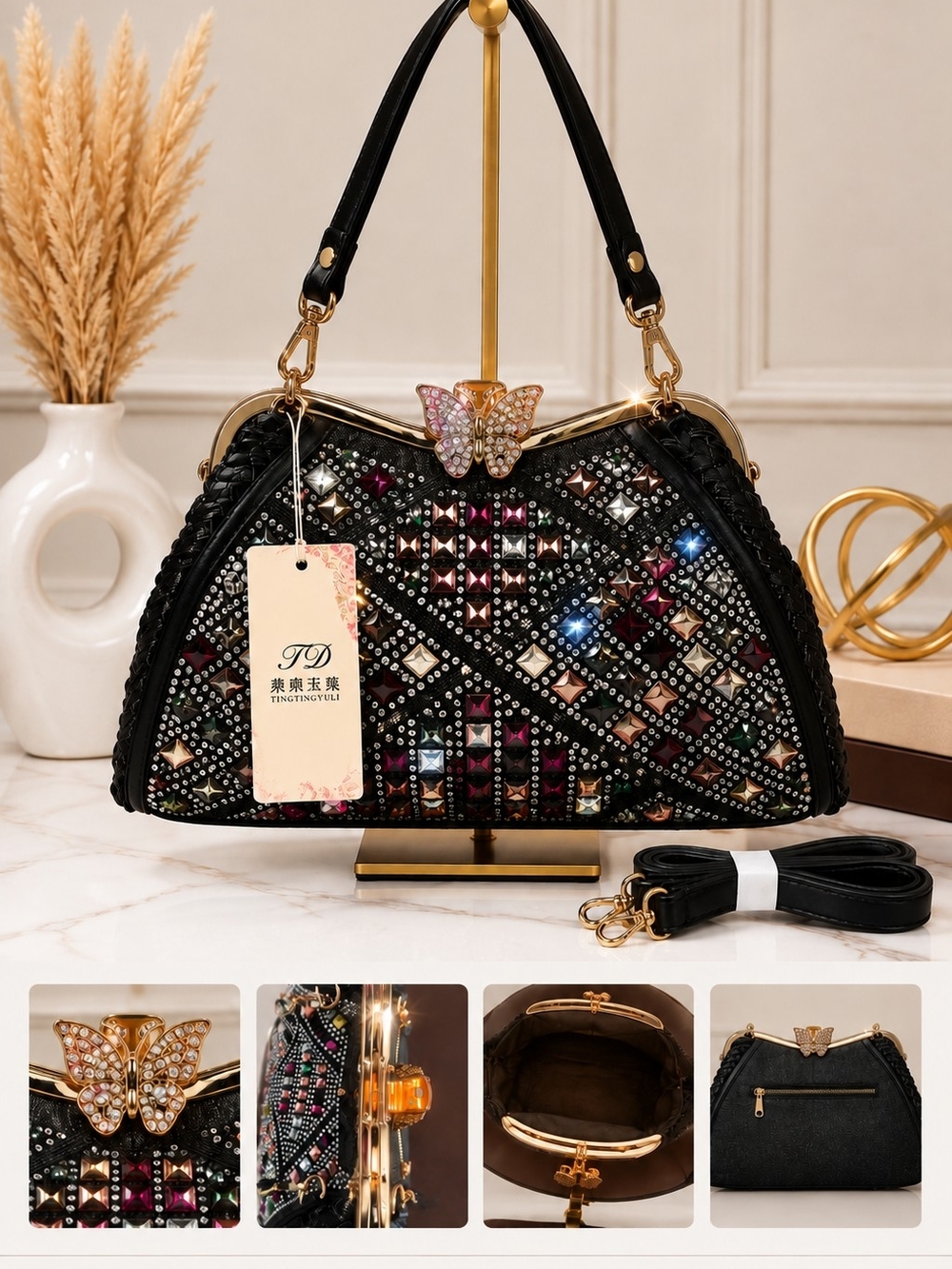 Brand New - Black Embellished Butterfly Clasp Denim & Leather Evening Satchel